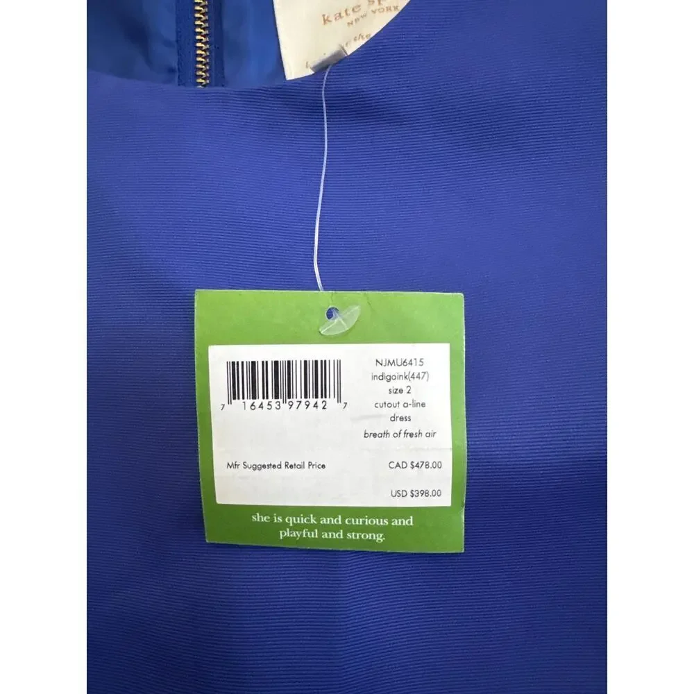 Kate spade $398 Side Cutout a-line Dress Sz 2 Blue NWT